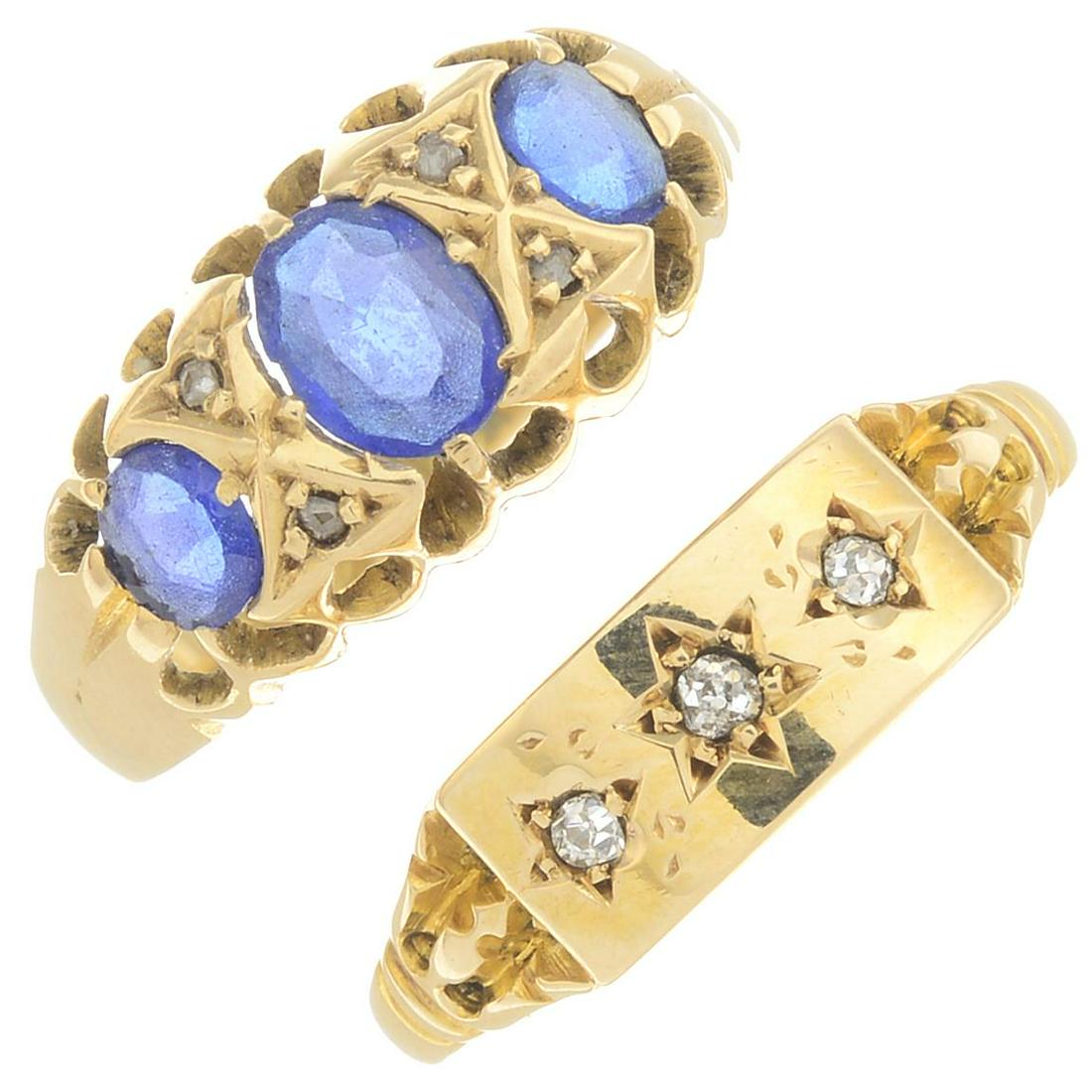 Two Edwardian 18ct gold diamond and sapphire rings. (1 of 3)