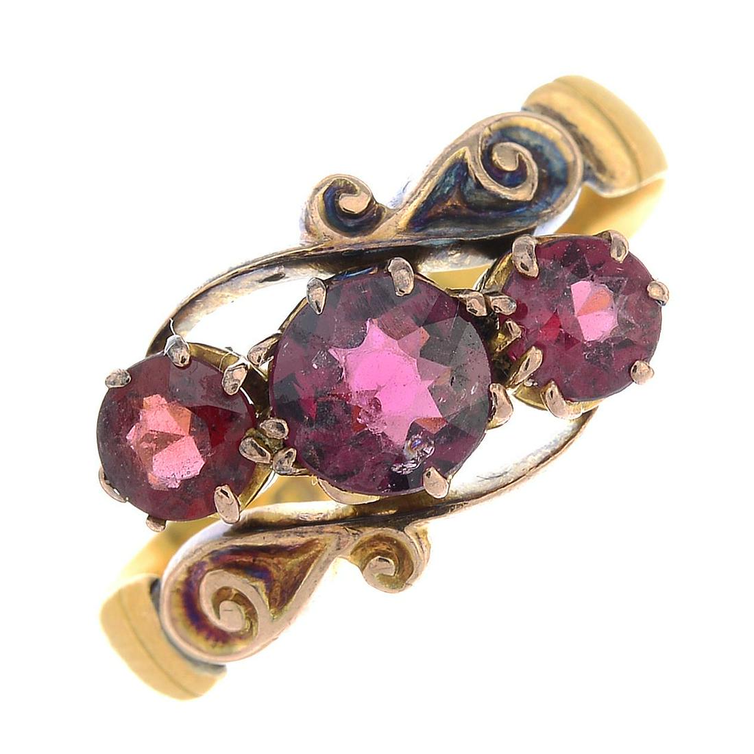 A mid Victorian 22ct gold garnet three-stone (1 of 3)
