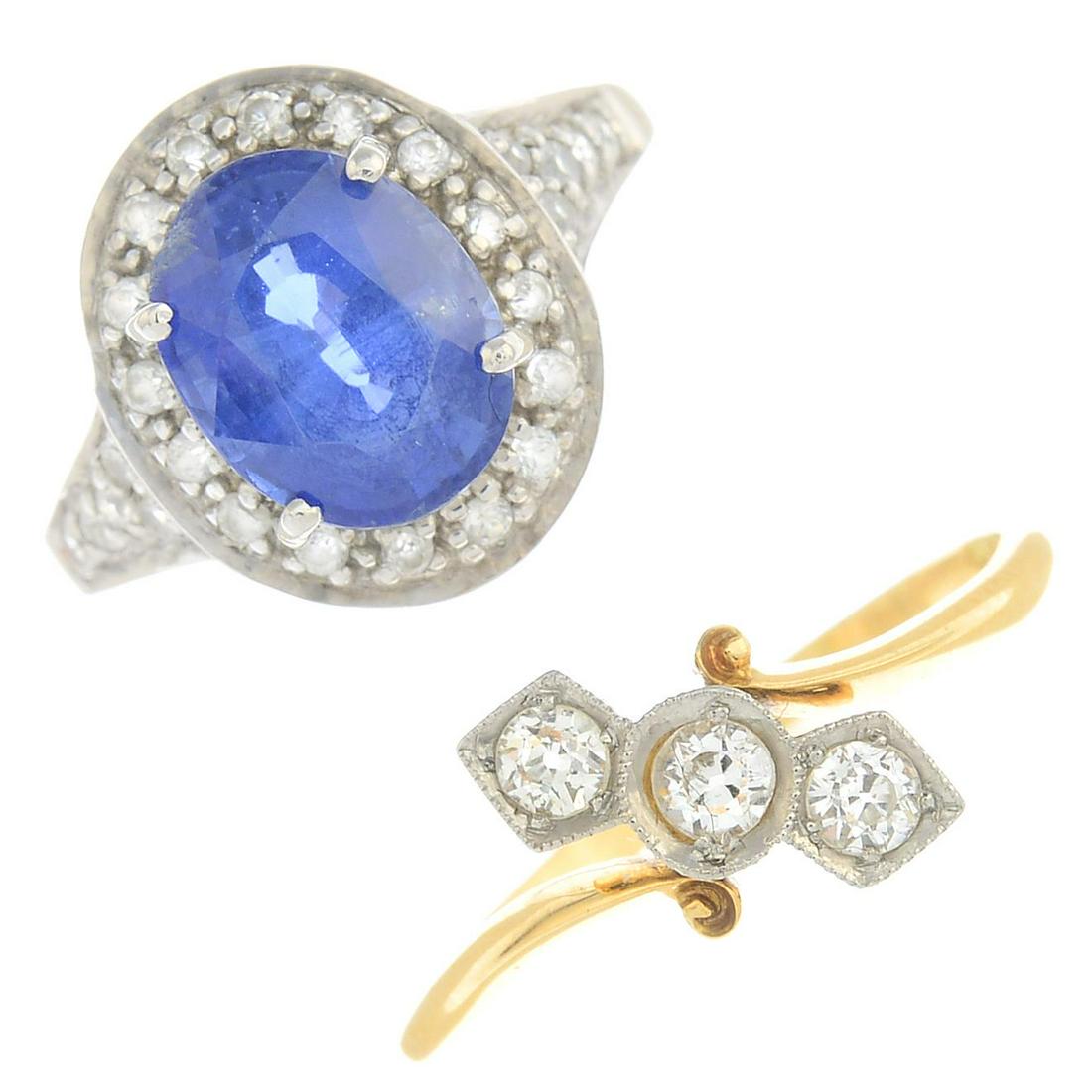 A 9ct gold blue sapphire and white gem cluster ring and (1 of 3)