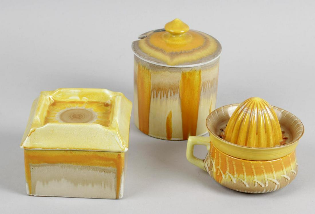 A Shelley Harmony drip glazed teapot with grey, orange: A Shelley Harmony drip glazed teapot with grey, orange and green coloured ground, together with a similar lemon squeezer, egg cup stand, butter dish and cover, ashtray and base, etc.