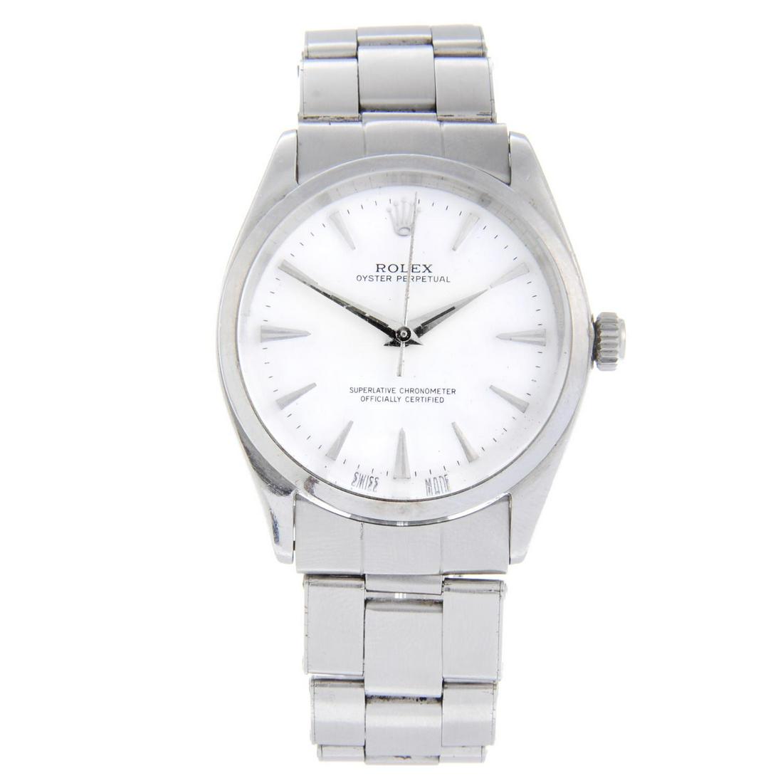 ROLEX - a gentleman's Oyster Perpetual bracelet watch.: ROLEX - a gentleman's Oyster Perpetual bracelet watch. Circa 1962. Stainless steel case. Reference 1002, serial 837759. Signed automatic calibre 1560. White dial. Fitted to a signed stainless steel Oy
