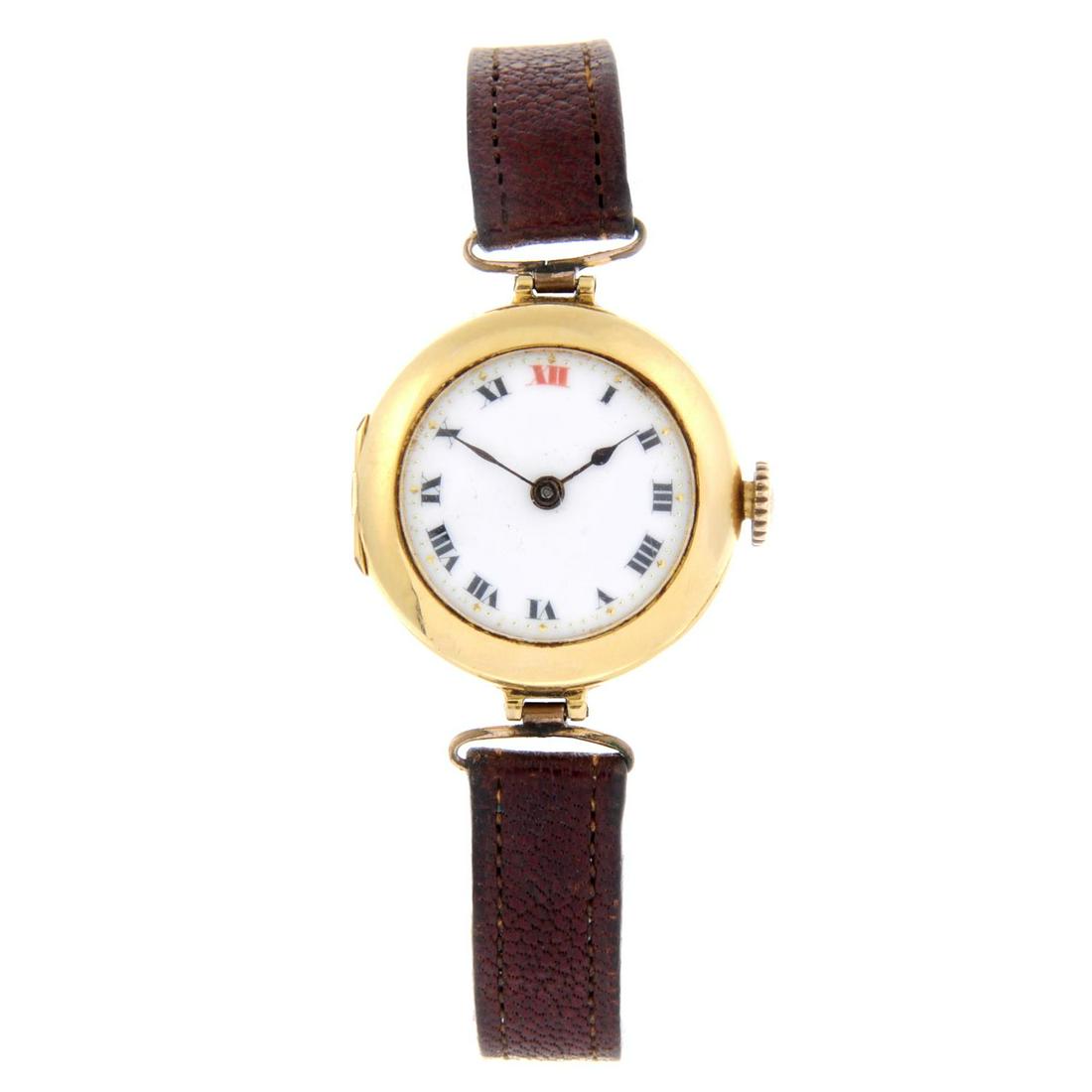 ROLEX - a wrist watch. 18ct yellow gold case, import: ROLEX - a wrist watch. 18ct yellow gold case, import hallmarked London 1915. Numbered 646004. Signed manual wind movement. White dial. Fitted to an unsigned brown leather strap with nickel plated pin 