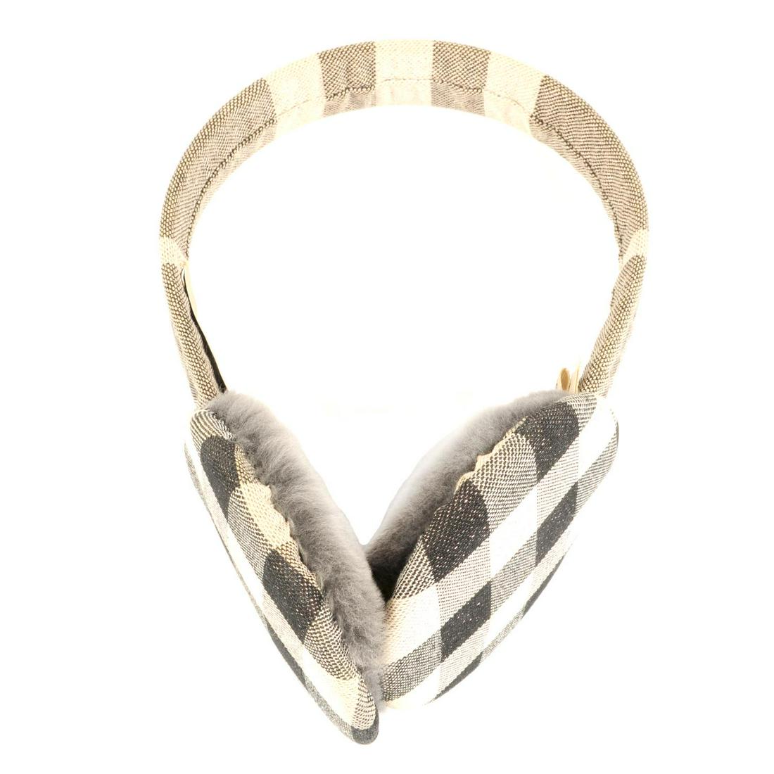 BURBERRY - a pair of ear muffs. Crafted from metallic: BURBERRY - a pair of ear muffs. Crafted from metallic grey cheque fabric with a flexible headband, circular ear covers with grey faux fur lining. Labelled Burberry, one size.