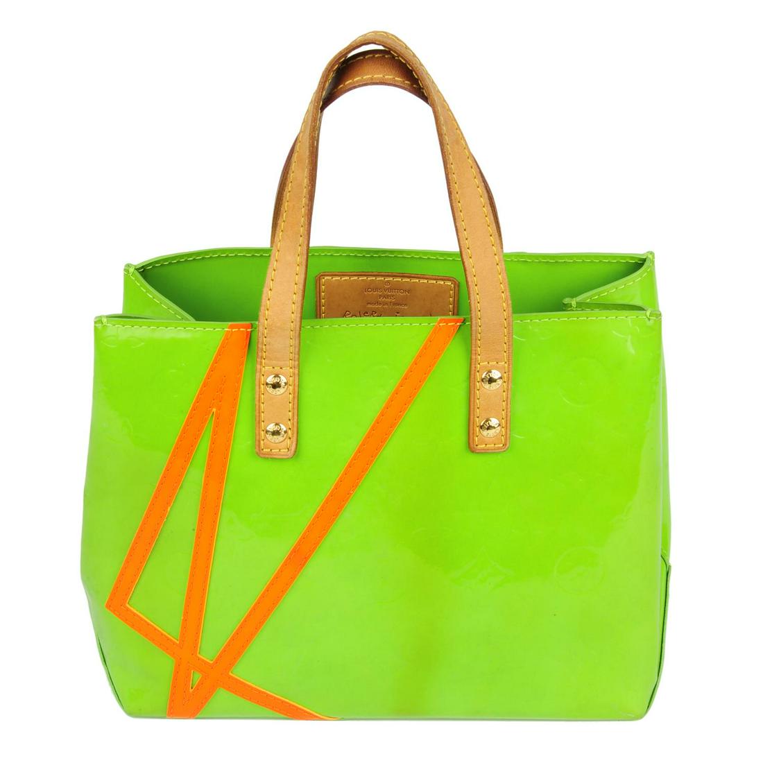 LOUIS VUITTON - a green Vernis Robert Wilson Reade PM: LOUIS VUITTON - a green Vernis Robert Wilson Reade PM handbag. Featuring an apple green embossed monogram patent leather exterior with a fluorescent orange leather abstract logo design, dual flat vach