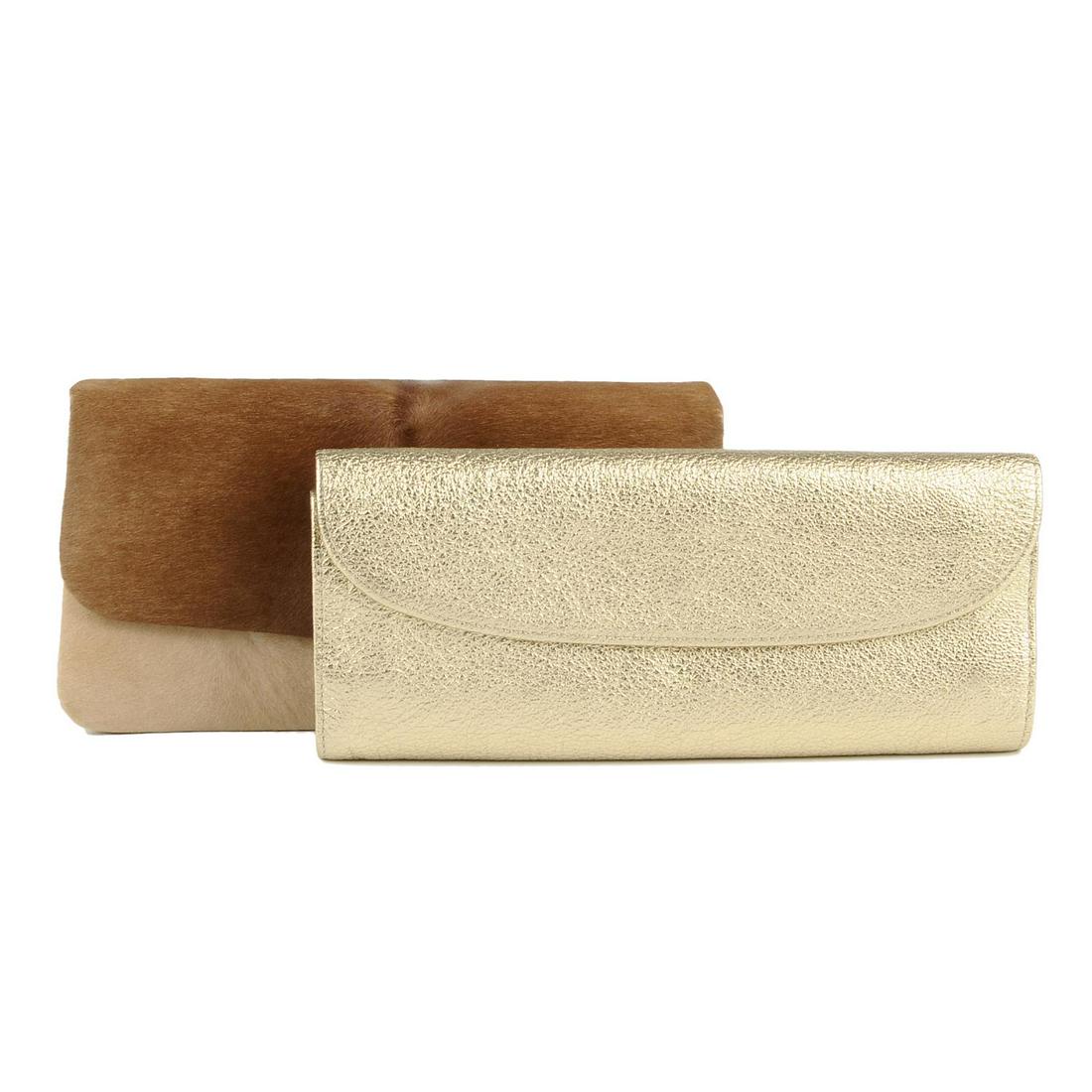 A leather jewellery roll and a calfskin clutch. To: A leather jewellery roll and a calfskin clutch. To include a metallic gold leather jewellery roll by Harry Winston, with beige suede lining, multiple interior compartment and detachable components, to