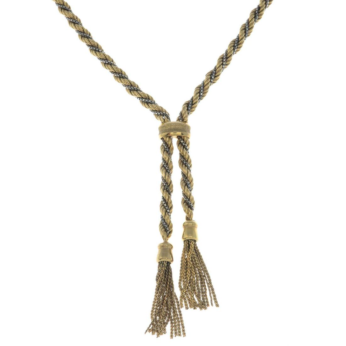 A 9ct gold bi-colour tassel necklace. Import marks for (1 of 3)
