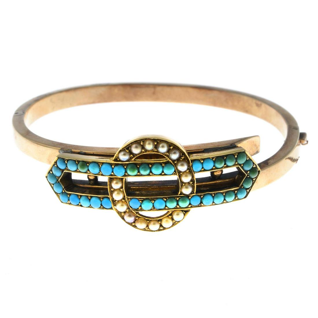 A late Victorian gold turquoise and split pearl hinged (1 of 2)