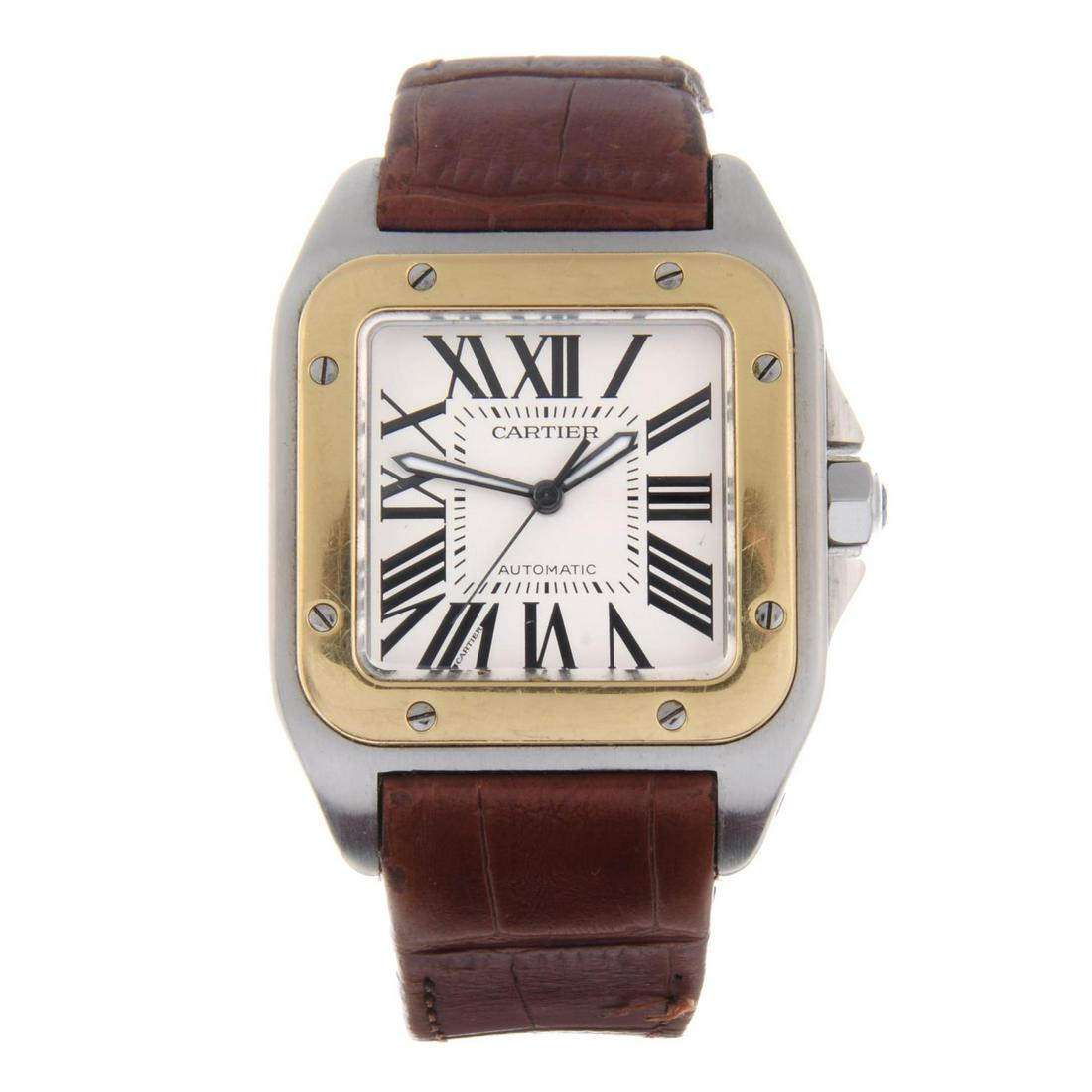 CARTIER - a gentleman's Santos 100 wrist watch.: CARTIER - a gentleman's Santos 100 wrist watch. Stainless steel case with yellow metal bezel. Reference 2656, serial 743779CE. Signed automatic calibre 049. Silvered dial with Roman numeral hour marke
