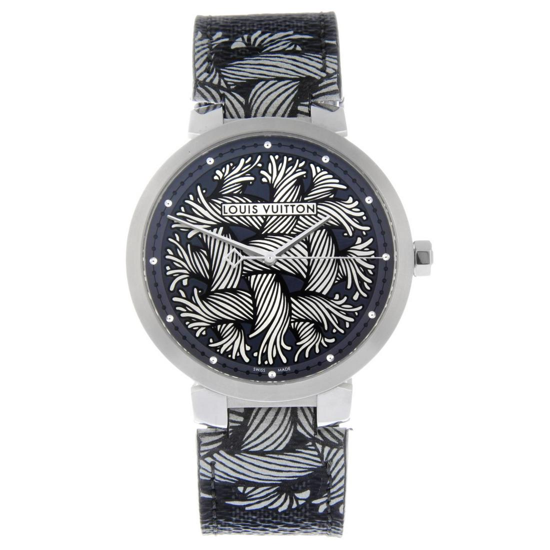 LOUIS VUITTON - a Tambour Damier wrist watch. Stainless: LOUIS VUITTON - a Tambour Damier wrist watch. Stainless steel case. Reference Q1D05, serial TI2519. Unsigned quartz movement. Grey and silvered dial with dot hour markers. Fitted to a signed grey leat