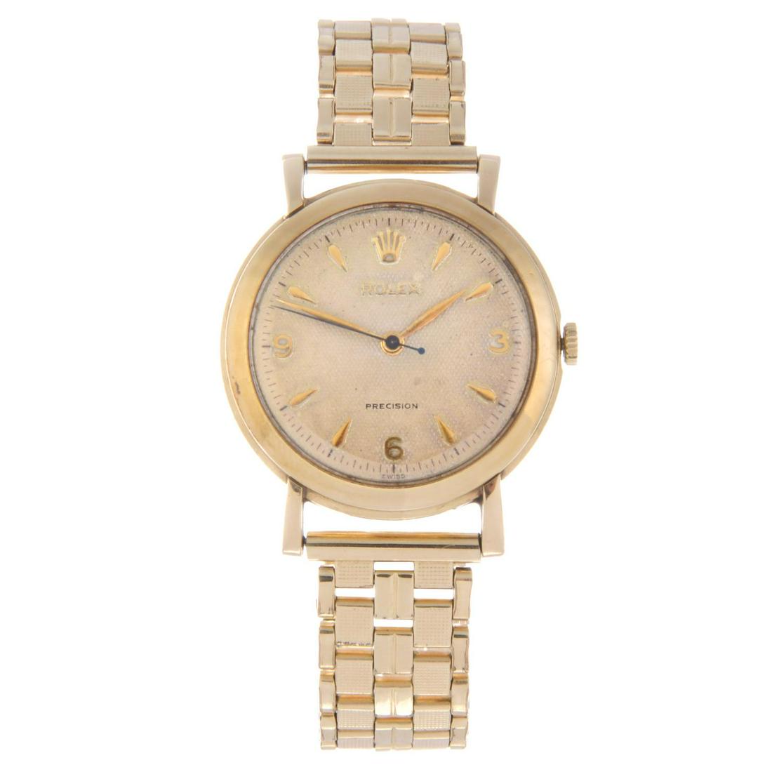 ROLEX - a gentleman's Precision bracelet watch. 9ct: ROLEX - a gentleman's Precision bracelet watch. 9ct yellow gold case with engraved case back, import hallmarked London 1954. Numbered 68149. Signed manual wind calibre 1210. Discoloured silvered dial,