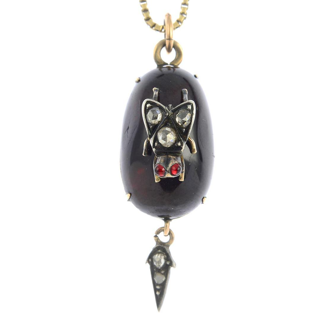 A late 19th century gold garnet and diamond pendant, (1 of 3)