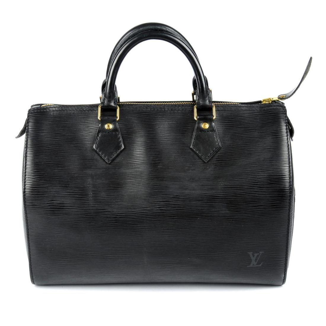 LOUIS VUITTON - a black Epi Speedy 30 handbag. Designed: LOUIS VUITTON - a black Epi Speedy 30 handbag. Designed with maker's textured black epi leather exterior with smooth leather trim, single patch pocket to one side, double rolled leather handles, top z