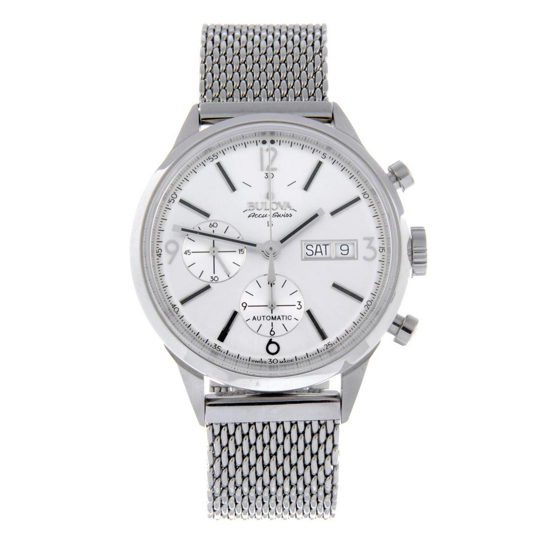 BULOVA - a gentleman's Accu-Swiss chronograph bracelet: BULOVA - a gentleman's Accu-Swiss chronograph bracelet watch. Stainless steel case. Reference 63C116, serial 99118573. Automatic movement. Silvered dial. Fitted to a signed stainless steel bracelet wi