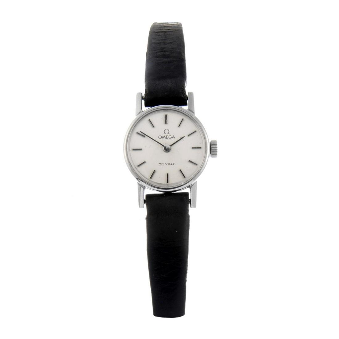 OMEGA - a lady's De Ville wrist watch. Stainless steel: OMEGA - a lady's De Ville wrist watch. Stainless steel case. Reference 5110552. Signed manual wind calibre 1100. Silvered dial. Fitted to a signed black leather strap. 19mm.