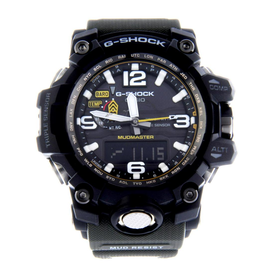 CASIO - a gentleman's G-Shock Mudmaster wrist watch.: CASIO - a gentleman's G-Shock Mudmaster wrist watch. Bi-material case. Reference 5463, serial 202A260F. Quartz movement. Black dial. Fitted to a signed green rubber strap with stainless steel pin buck