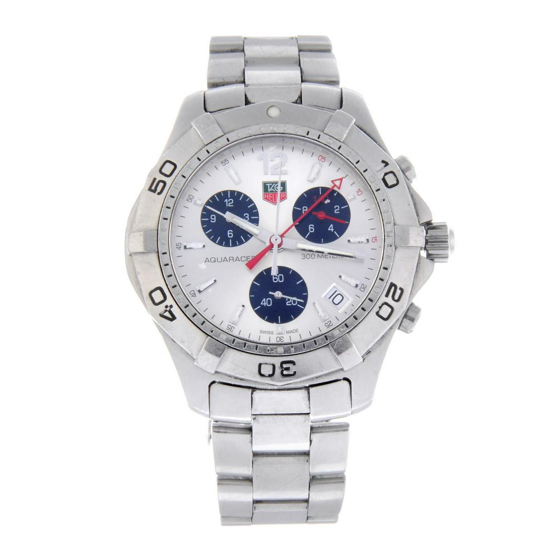 TAG HEUER - a gentleman's Aquaracer chronograph: TAG HEUER - a gentleman's Aquaracer chronograph bracelet watch. Stainless steel case with calibrated bezel. Reference CAF1111, serial YL3309. Unsigned quartz movement. Silvered dial. Fitted to a signe