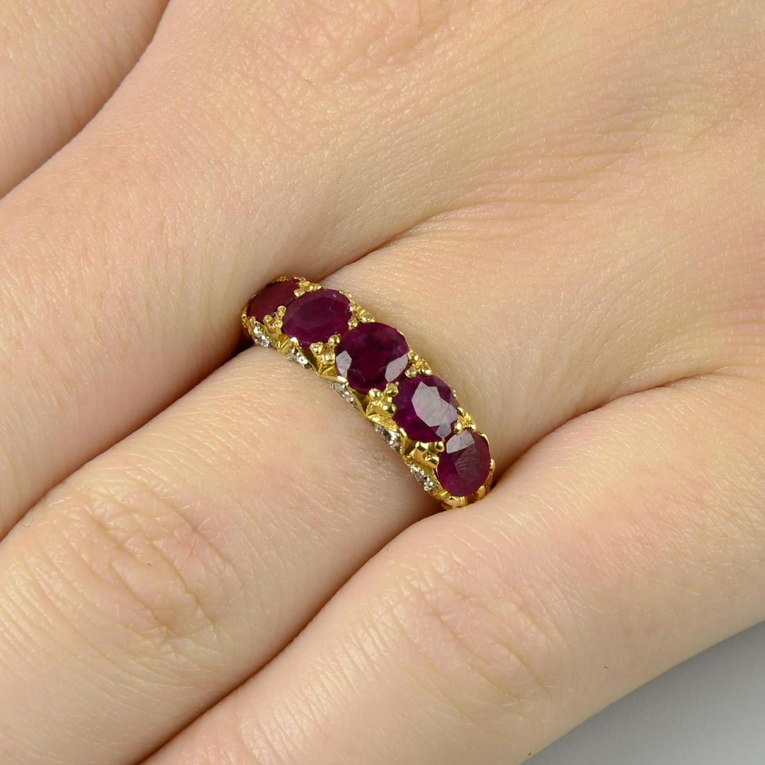 A ruby five-stone ring, with old-cut diamond gallery. (1 of 6)