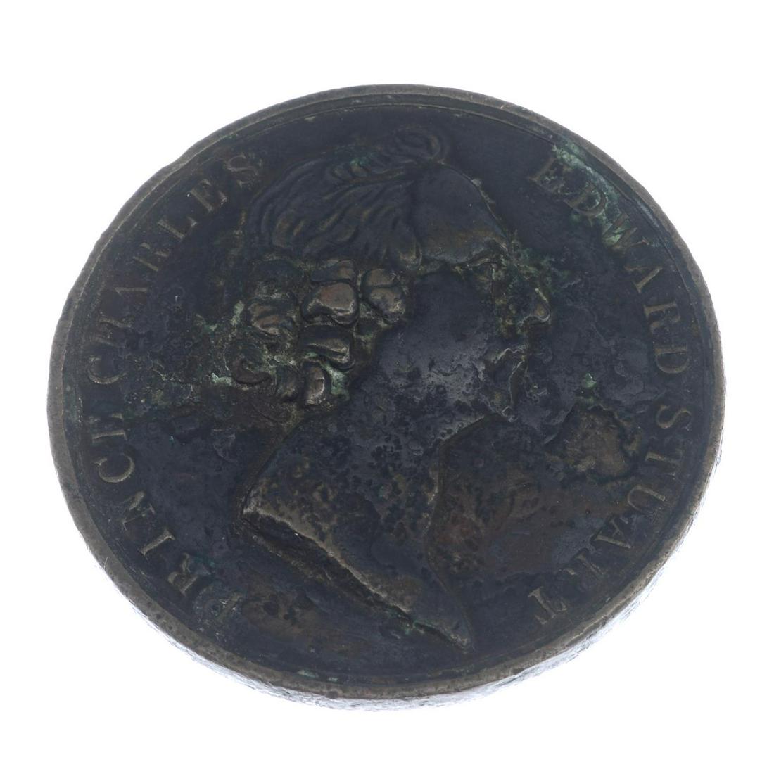 Prince Charles Edward Stuart, the Young Pretender,: Prince Charles Edward Stuart, the Young Pretender, bronze medal for the legitimacy of the Jacobite Succession 1750, by Thomas Pingo, bust of the Prince right, rev. Charles dressed as a Highlander is w