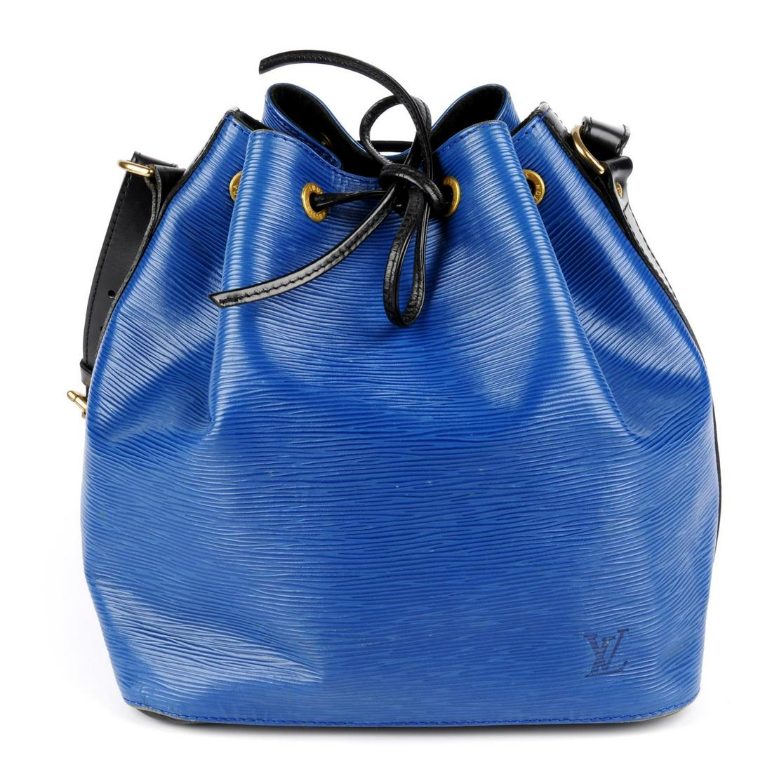 LOUIS VUITTON - an Epi Petite Noé bicolour bucket: LOUIS VUITTON - an Epi Petite Noé bicolour bucket handbag. Crafted from maker's signature textured epi leather in blue with contrasting black leather base and trim, with a leather cord drawstring clo