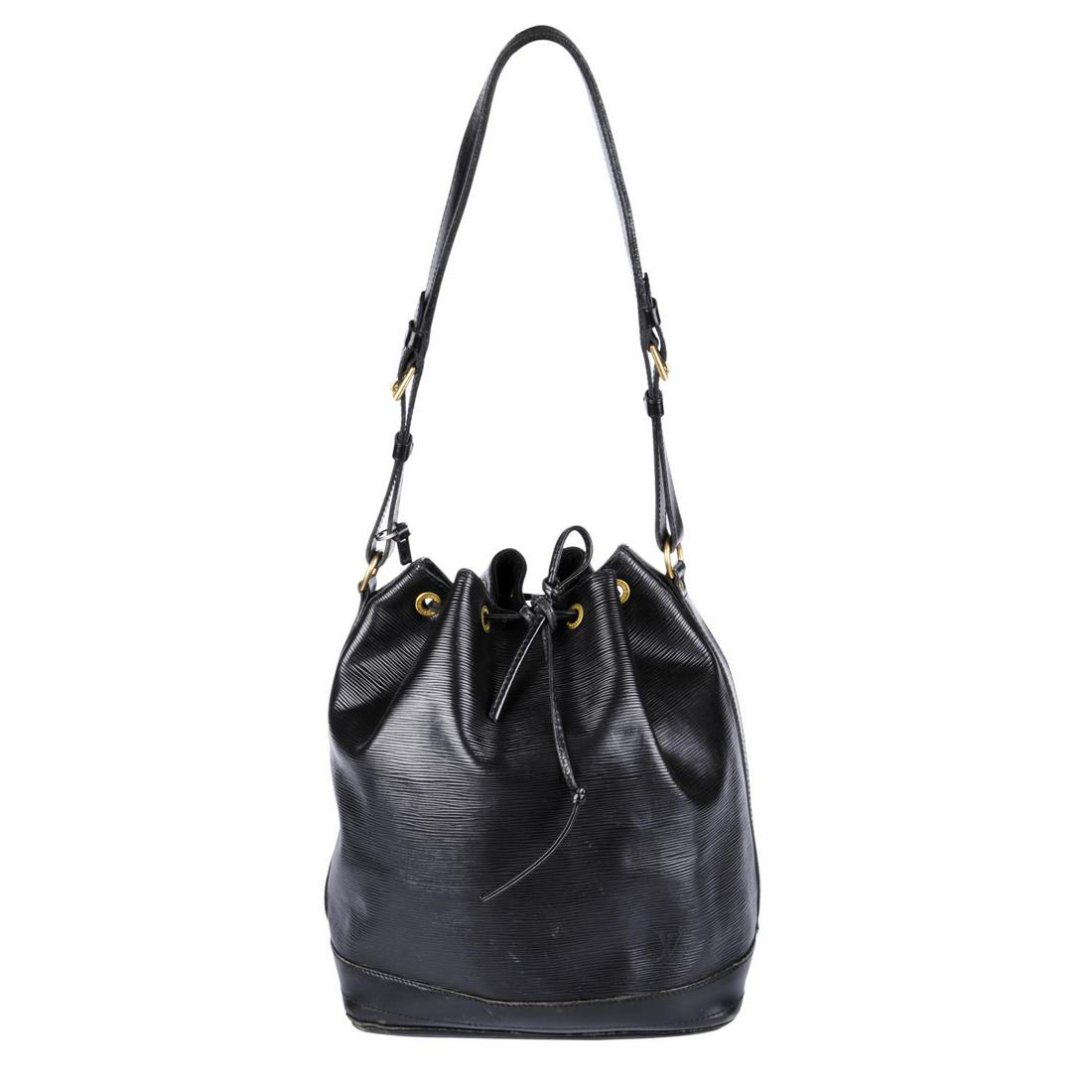LOUIS VUITTON - a black Epi Noé GM bucket handbag.: LOUIS VUITTON - a black Epi Noé GM bucket handbag. Crafted from maker's signature black textured epi leather with smooth leather trim, leather drawstring closure, flat adjustable shoulder strap and b
