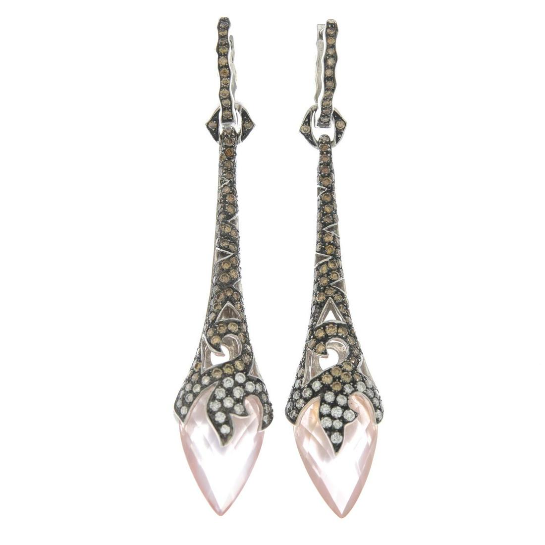 A pair of 18ct gold 'brown' diamond, diamond and rose: A pair of 18ct gold 'brown' diamond, diamond and rose quartz drop earrings, by Stephen Webster.Estimated total diamond weight 1.40cts. Hallmarks for London. Length 6.5cms. 14.5gms.Diamonds untested fo