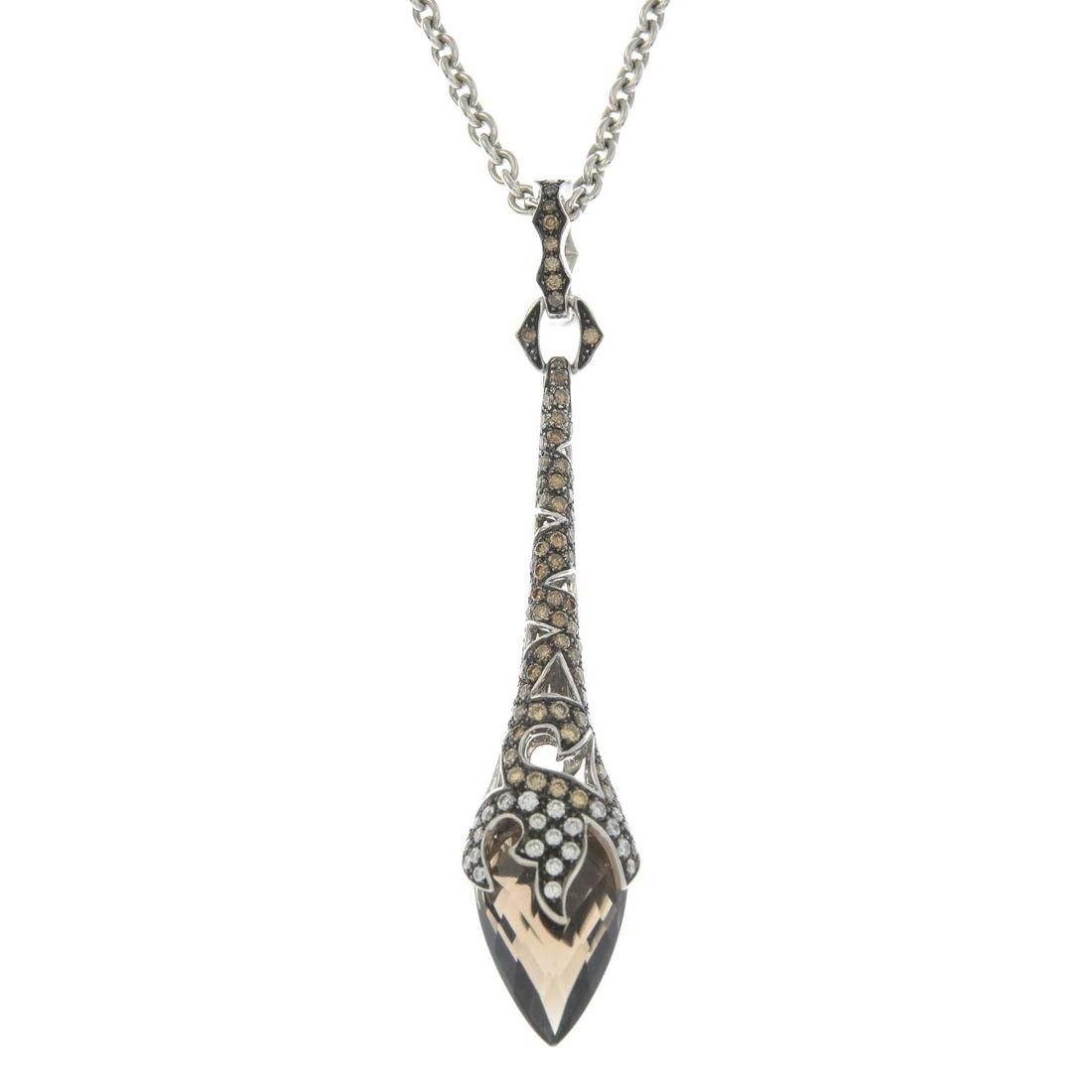 An 18ct gold 'brown' diamond, diamond and smoky quartz: An 18ct gold 'brown' diamond, diamond and smoky quartz drop pendant, with chain, by Stephen Webster.Estimated total diamond weight 0.70ct, VS-SI clarity. Hallmarks for London.Length of pendant 6.1cms.