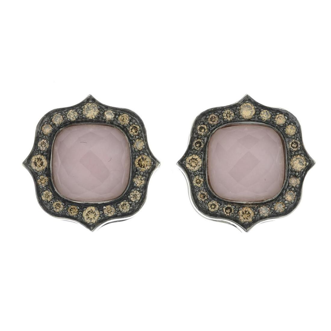 A pair of 18ct gold 'brown' diamond, rock crystal and: A pair of 18ct gold 'brown' diamond, rock crystal and pink opal 'Crystal Haze' earrings, by Stephen Webster.Estimated total diamond weight 0.40ct.Hallmarks for London, 2006. Length 1.4cms. 7.6gms. Dia
