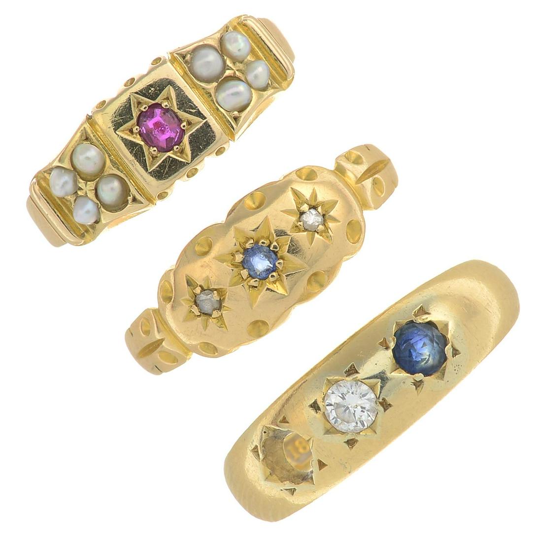 Three late Victorian gold gem-set rings.AF.Gems to (1 of 3)