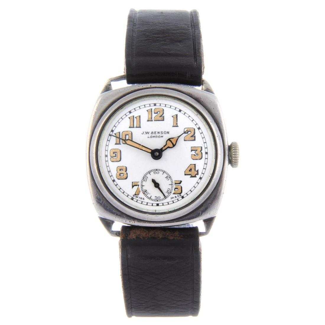 J.W BENSON - a gentleman's wrist watch. Silver case,: J.W BENSON - a gentleman's wrist watch. Silver case, import hallmarked Glasgow 1937. Numbered 52925 1391. Signed manual wind movement. White dial. Fitted to an unsigned brown leather strap with nickel
