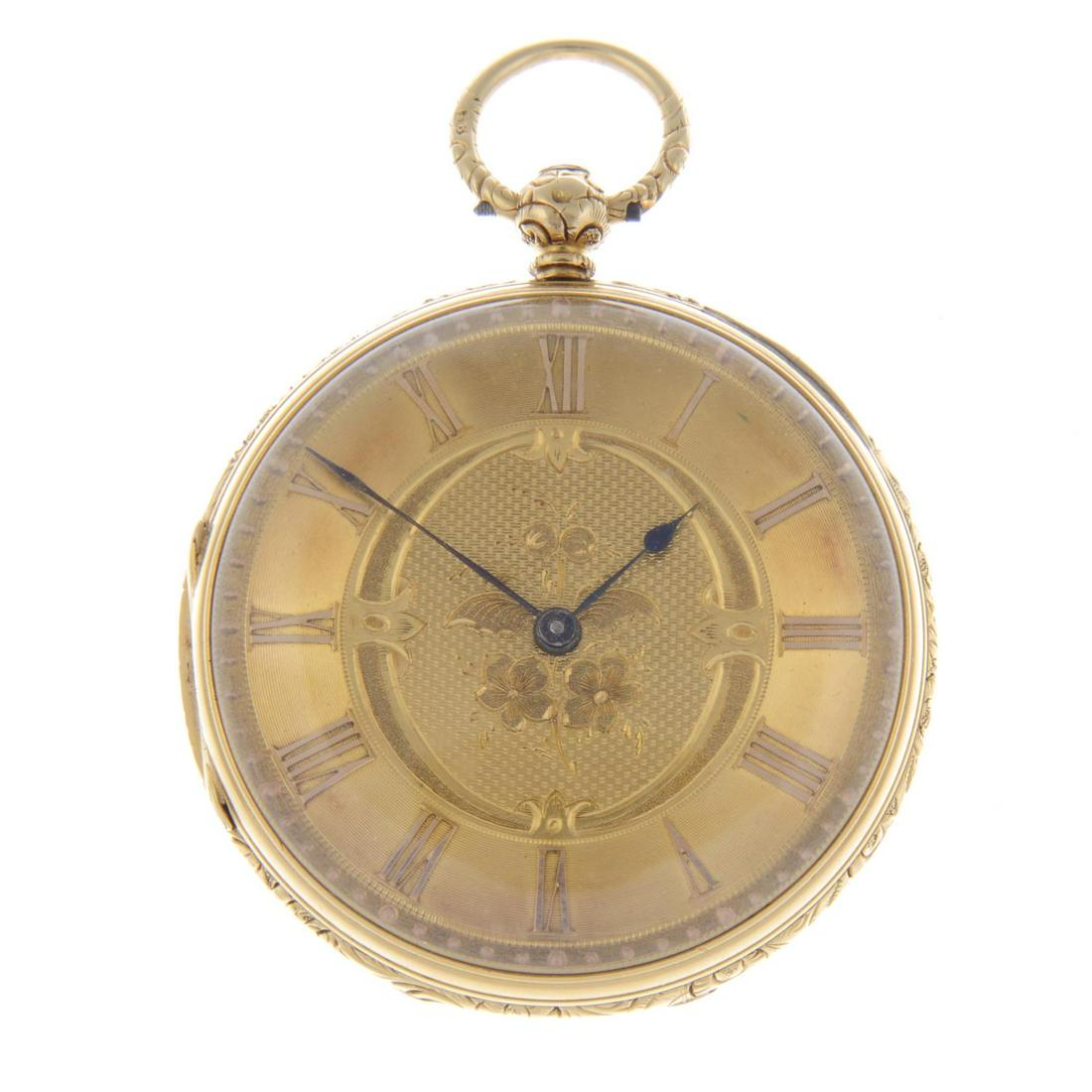 An open face pocket watch by J.R Cameron. 18ct yellow: An open face pocket watch by J.R Cameron. 18ct yellow gold case, hallmarked London 1857. Signed key wind three quarter plate movement with ratchet tooth lever escapement. Gilt dial. 42mm. 55gms.