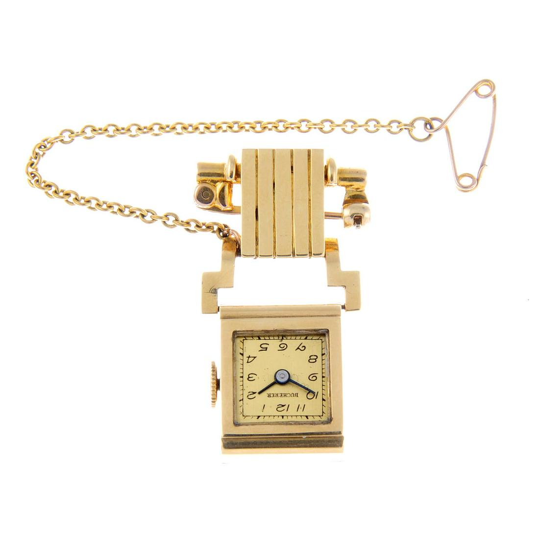 A nurse watch by Bucherer. Yellow metal case, stamped: A nurse watch by Bucherer. Yellow metal case, stamped 18K 0,750. Numbered 308. Signed manual wind movement. Champagne dial. 14mm. 13gms.