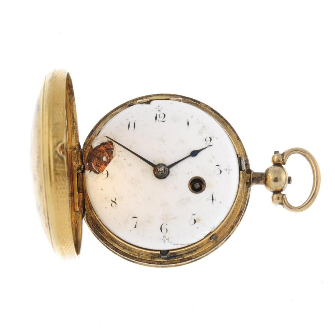 A full hunter pocket watch by Hawkins. Gold plated (1 of 4)