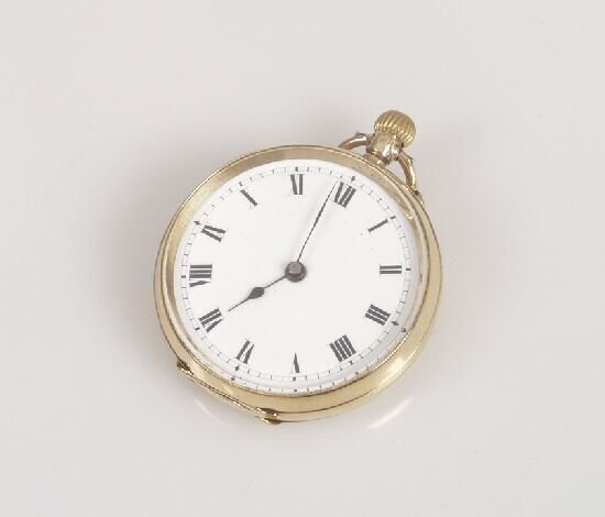 Lady's 18ct gold open face fob watch wi