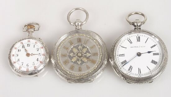 Three silver cased lady's fob watches,