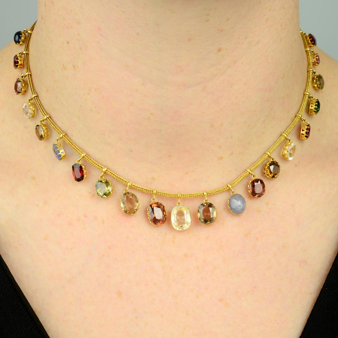 A Victorian gold graduated multi-gem fringe necklace, (1 of 5)