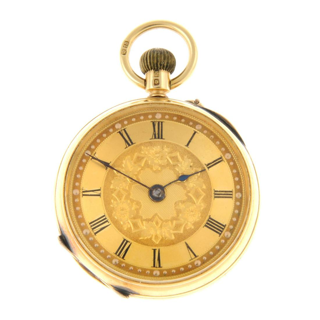 An open face pocket watch by W. Gadsby. 18ct yellow: An open face pocket watch by W. Gadsby. 18ct yellow gold case, hallmarked Birmingham 1900. Signed keyless wind movement with ratchet tooth lever escapement. Gilt dial with Roman numeral hour markers.