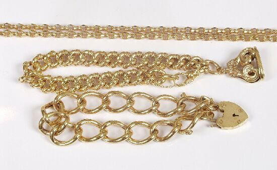 Base metal belcher link guard chain and: Base metal belcher link guard chain and two metal curb link bracelets.