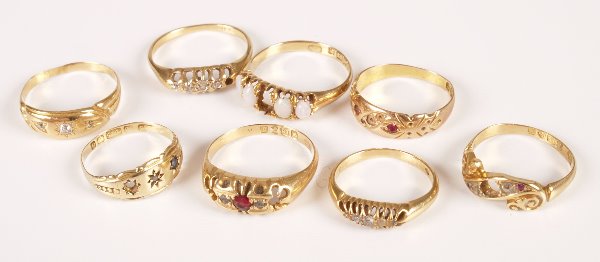 Eight assorted gold mounted diamond and gem set Ed: Eight assorted gold mounted diamond and gem set Edwardian and later dress rings (stones deficient).