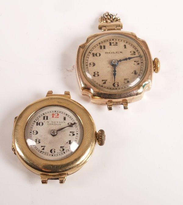 ROLEX - 1930's 9ct gold ladies watch head with a: ROLEX - 1930's 9ct gold ladies watch head with a round dial with Arabic numerals, import marks for Glasgow 1935(?) together with a 9ct gold J W Benson example.