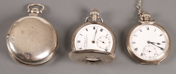 Three silver pocket watches, to include a 1930's: Three silver pocket watches, to include a 1930's silver top wind open face pocket watch with seconds subsidiary dial (with silver watch chain), a Victorian pear case pocket watch (London 1840) with la