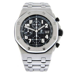 AUDEMARS PIGUET - a Royal Oak Offshore chronograph bracelet watch. Stainless steel case. Case width: AUDEMARS PIGUET - a Royal Oak Offshore chronograph bracelet watch. Stainless steel case. Case width 45mm. Reference F55675, numbered 8590. Signed automatic calibre 2326 with quick date set. Black 'Meg