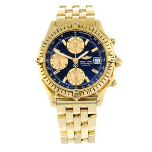 BREITLING - a Chronomat chronograph bracelet watch. 18ct yellow gold case with calibrated bezel.: BREITLING - a Chronomat chronograph bracelet watch. 18ct yellow gold case with calibrated bezel. Case width 39mm. Reference K13350, serial 253052, No. 3756. Signed automatic calibre B13 with quick