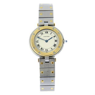 CARTIER - a Santos Ronde bracelet watch. Stainless steel case with yellow metal bezel. Case width: CARTIER - a Santos Ronde bracelet watch. Stainless steel case with yellow metal bezel. Case width 27mm. Numbered 81913003172. Signed quartz calibre 81. Cream dial with Roman numeral hour markers.