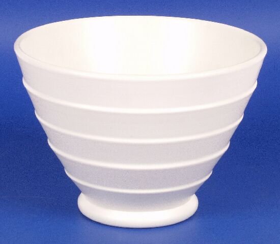 A Wedgwood Keith Murray white glazed foot: A Wedgwood Keith Murray white glazed footed bowl, of conical outline, relief moulded with a concentric banded design, blue printed marks, height 4" (10cm).