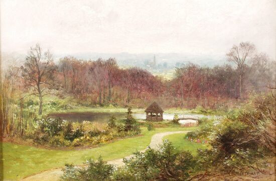 CHARLES STUART (British, 19th Century) P: CHARLES STUART (British, 19th Century) Parkland view, with small bridge and gazebo by the lake. Oil on canvas, signed lower right. 17.5" x 11.5" (44.5cm x 29.5cm)