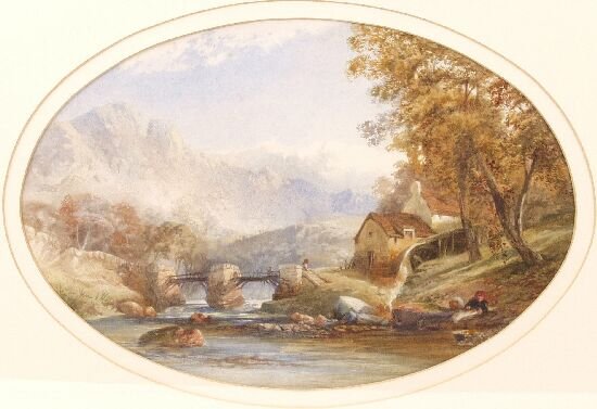 ATTRIBUTED TO JAMES BURRELL SMITH (Briti: ATTRIBUTED TO JAMES BURRELL SMITH (British, 1824 - 1897) Alpine river landscape with watermill, two figures to the bridge and a further figure to the river bank. Watercolour, not signed, bearing attri