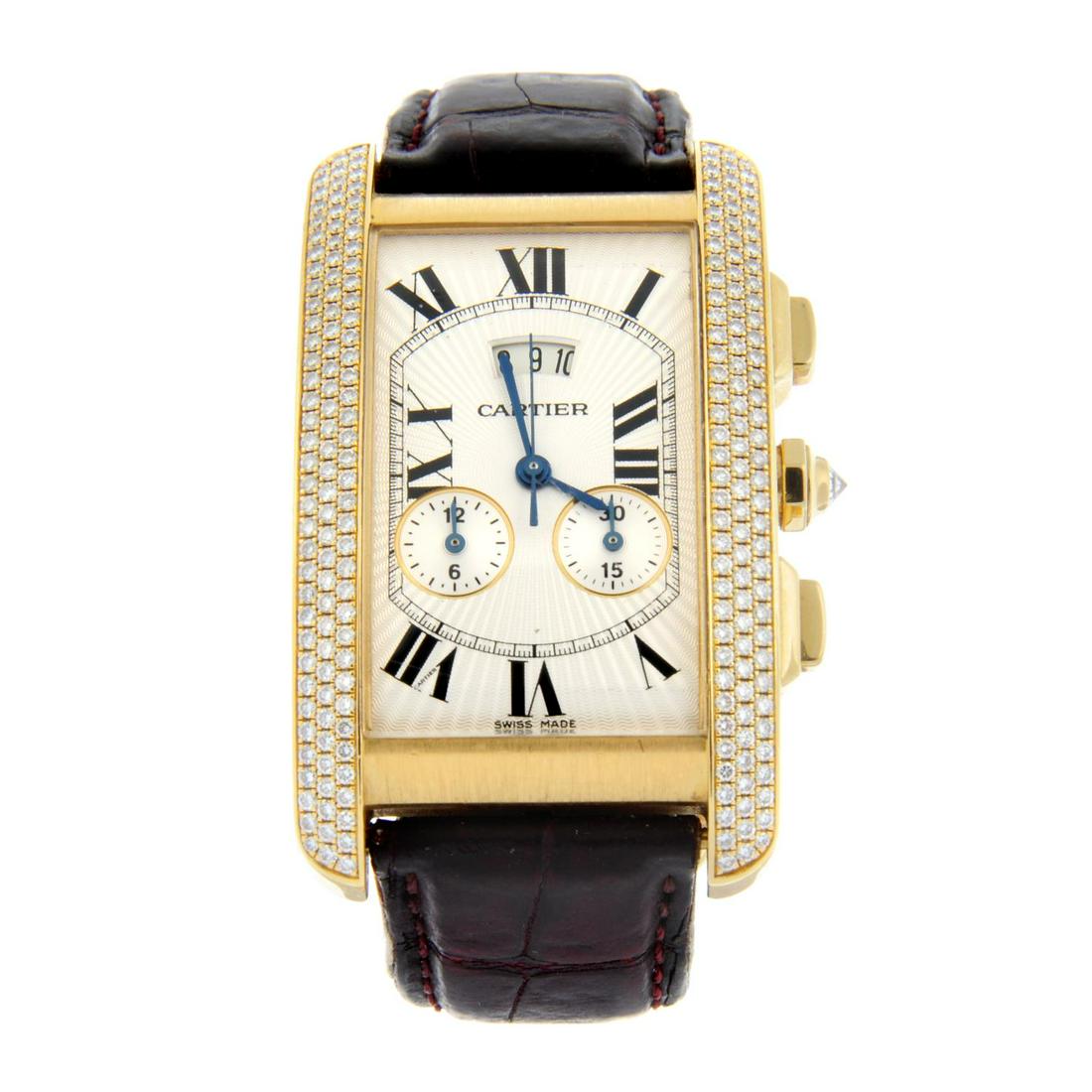 CARTIER - a Tank Américaine chronograph wrist watch. 18ct yellow gold factory diamond set case. (1 of 5)
