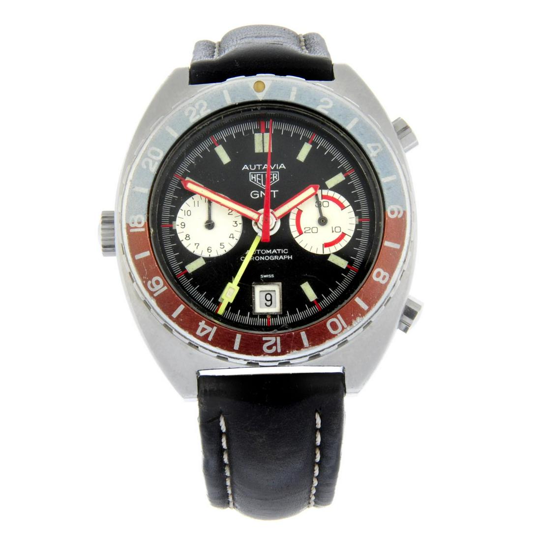 HEUER - an Autavia GMT chronograph wrist watch. Stainless steel case with calibrated bezel. Case (1 of 6)