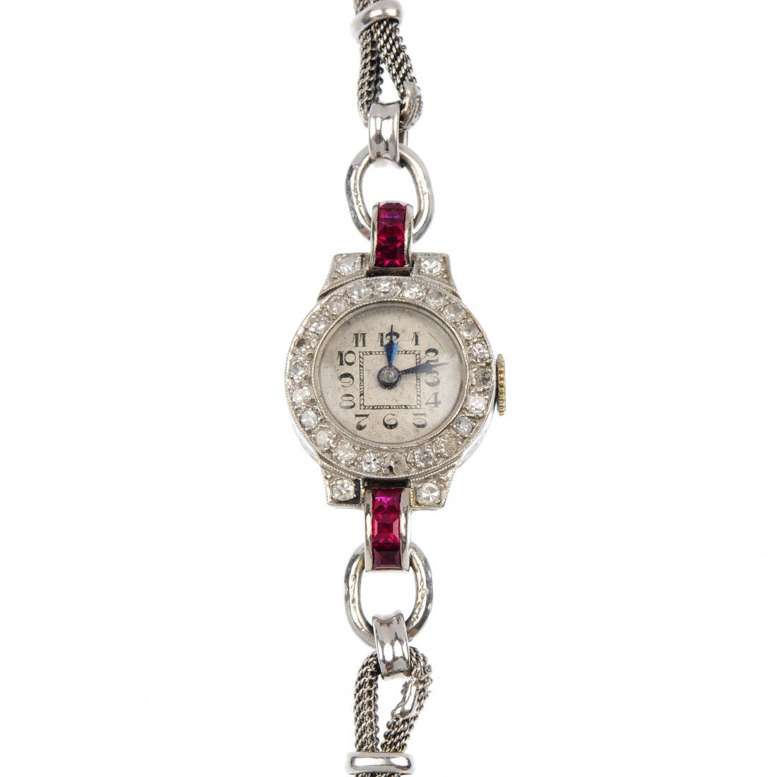An early-mid 20th century ruby and diamond manual : An early-mid 20th century ruby and diamond manual wind cocktail watch. The circular-shape white dial with black Arabic numerals within a single-cut diamond surround to the square-shape ruby links and 