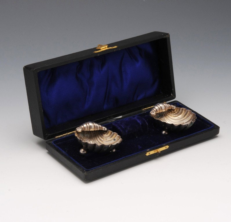 Late Victorian cased pair of silver open salts.: Late Victorian cased pair of silver open salts, each modelled in the form of an oyster shell and on three ball feet (missing salt spoons). Hallmarked Thomas Hayes Birmingham 1898. Maximum length measu